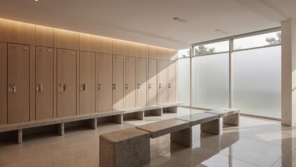 Modern Wooden Locker Room with Natural Light and Benches.