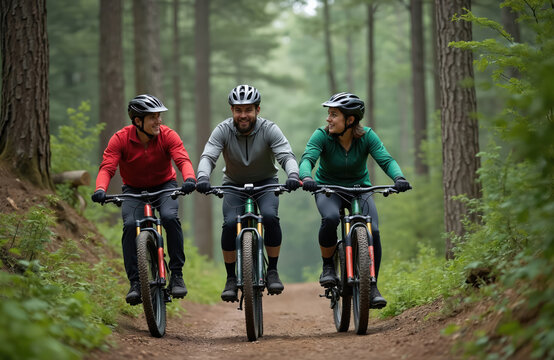 Three friends on mountain bikes ride on dirt path through forest. Cyclists wear helmets, sportswear, enjoy outdoor activity and scenic nature. Healthy lifestyle and group bonding. - Powered by Adobe