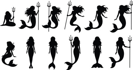 Collection of Black Mermaid Silhouettes and Fantasy Sea Creature Vectors, Posing with Tridents and Flowing Hair, Representing Mythology, Magic, Ocean Life, and Fairy Tale Themes.
