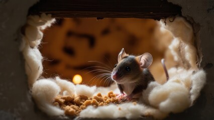 Mouse in a cozy nest eating food, warm lighting, close up shot.