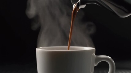 Hot dark espresso being poured into a white mug creating steam on a dark background, close-up shot