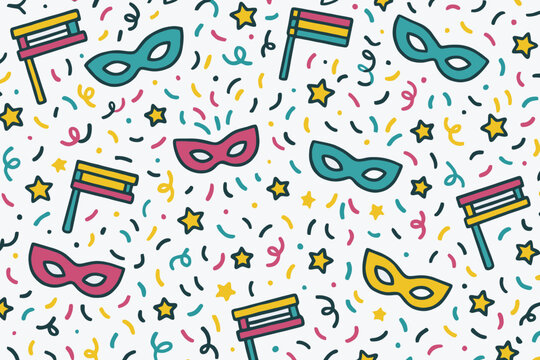 Festive purim pattern with masks noisemakers flags and confetti - Powered by Adobe