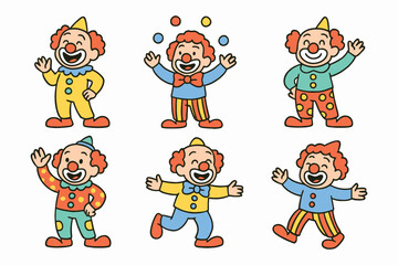 Collection of six happy cartoon clowns performing different actions