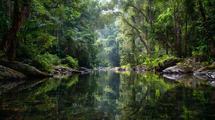 Serene river flowing through lush and green tropical forest