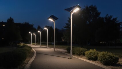 Solar Powered Street Lights Illuminate a Winding Pathway in a Park at Dusk.