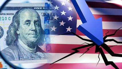 Economic analysis illustrates declining US financial stability with falling market indicator, cracked surface symbolism, and currency pressure affecting national economy.