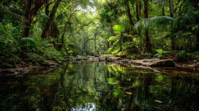 Lush and tranquil forest stream with dense greenery all around - Powered by Adobe