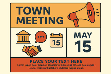 Town meeting announcement with megaphone and calendar date