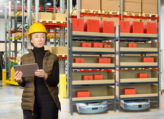 Warehouse automation manager oversees robotic shelf movers while checking inventory data on a tablet, coordinating smart logistics in a modern storage facility.
