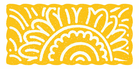 Hand drawn yellow sun design with white lines and texture