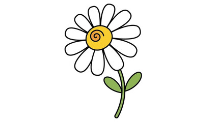 A simple cartoon drawing of a white daisy flower with a yellow center and green stem on a white background.