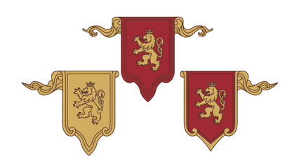 Three ornate heraldic banners featuring golden crowned lions, two red and one gold, with decorative scrolls.