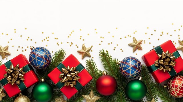 Colorful Xmas Decorations with Pine Branches and Ornaments