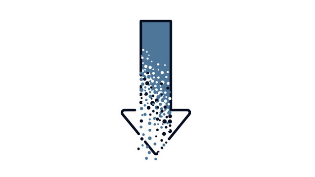 A blue arrow pointing downwards, dissolving into small particles or pixels, on a white background.