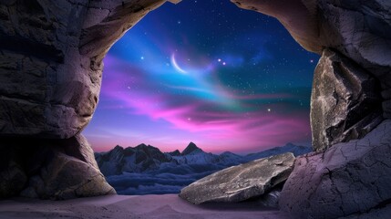Stunning Cave View with Breathtaking Aurora and Starry Night Sky Over Majestic Mountains