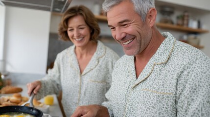 Man and woman cooking breakfast in kitchen.