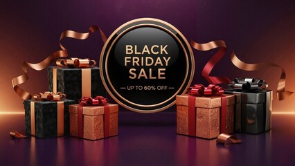 Christmas banner for Black Friday sale up to 60% off with gift boxes on chocolate background