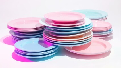Stacks of Colorful Plates in Pastel Hues for Kitchenware and Dining.