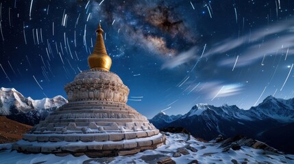 Serene Buddhist Stupa Under Starry Sky with Milky Way and Mountain Landscape