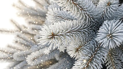Close up of frosted pine needles with soft bokeh background and falling snow