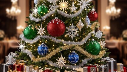 Beautifully decorated christmas tree with presents and festive lights