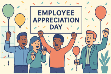 Diverse group of happy employees celebrating employee appreciation day with balloons and a banner