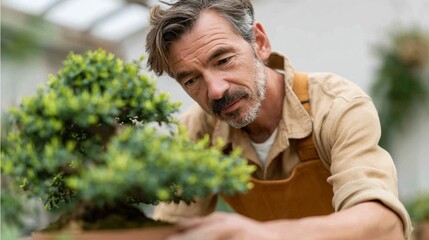 Man tending bonsai tree in greenhouse.