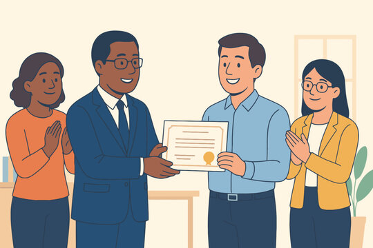 Diverse group of people celebrating an achievement with a certificate presentation
