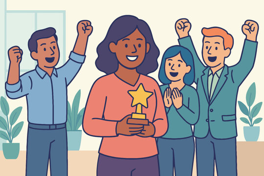 Diverse group celebrating a woman holding a star trophy award