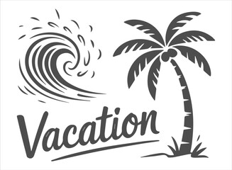Hand-Drawn Tropical Vacation Doodle Elements: Sketch Set of Coconut Palm Tree and Ocean Wave Icon for Summer Beach Holiday Graphics and Travel.