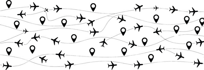 Airplane route illustration, flight path vector, travel icons, aviation concept, global navigation, location pins, air transport design, dotted line movement graphic