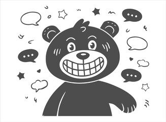 Cute Happy Bear Mascot Illustration: Funny Cartoon Grizzly Character with Big Smile, Speech Bubbles, and Stars for Communication Graphics.