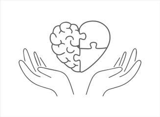 Hand-Drawn Mental Health Concept Art: Concept Illustration Showing a Brain and Heart Puzzle in Hands for Emotional Intelligence and Care.
