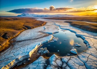 Aerial View of Thawing Arctic Permafrost Releasing Methane