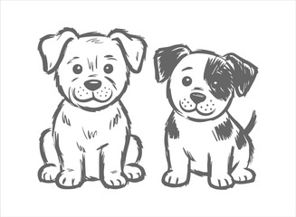 Hand-Drawn Puppy Dog Sketch Illustration: Cute Collection of Two Sitting Puppies, Spotted and Plain, for Pet Care and Animal Graphic Design.