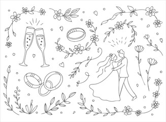 Hand-Drawn Wedding Doodle Sketch Set: Romantic Collection of Dancing Couple, Champagne Glasses, Rings, and Floral Wreaths for Invitation Design.