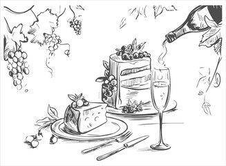 Hand-Drawn Sketch of Dessert and Wine: Vintage Illustration Featuring Cake Slices, Champagne Pour, Grapes, and Elegant Tableware Setting.