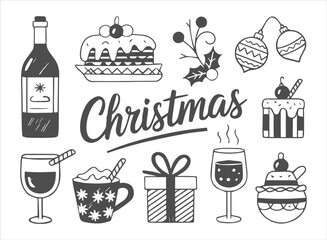 Hand-Drawn Christmas Holiday Doodle Set: Festive Collection of Wine, Cake, Holly, Ornaments, and Hot Drink Icons for Winter Celebrations.