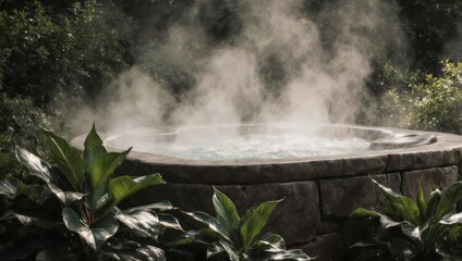 Steaming Hot Tub Surrounded by Lush Greenery in a Serene Outdoor Setting.