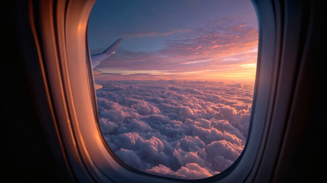 Breathtaking aerial view of clouds at sunset from airplane window - Powered by Adobe