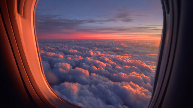 Aerial View of Clouds and Sunset from an Airplane Window