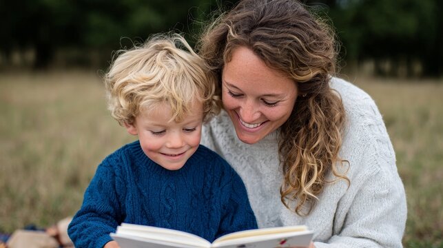 Woman and child reading book outdoors.