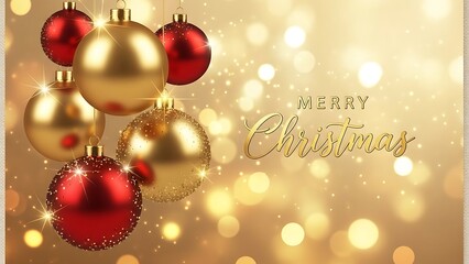Festive christmas ornaments with golden bokeh lights and merry christmas text