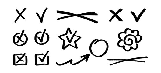 Hand drawn chalk black exam marks set. Includes check marks, cross marks, and grading symbols. textured grade marks. Simple, vector elements for educational feedback and evaluation design projects