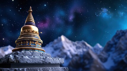 Majestic Stupa Against a Starry Night Sky with Snow-Capped Mountains in the Background