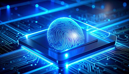 Digital Fingerprint: A luminous fingerprint icon sits atop a microchip, representing biometric authentication, cybersecurity and identity verification.