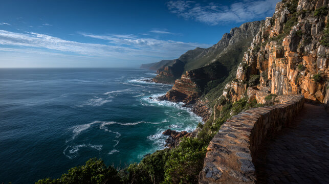 Breathtaking coastal scenery with rocky cliffs and blue ocean view