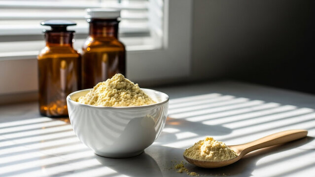 Bright kitchen scene with natural supplement powder in bowl and spoon alongside vintage amber glass bottles, perfect for healthy lifestyle blogs
