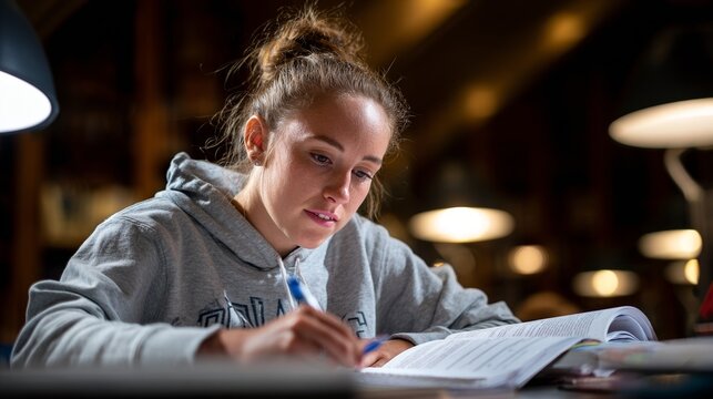 Woman studying at library desk
