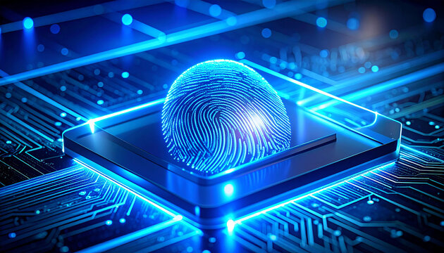 Digital Fingerprint: A luminous fingerprint icon sits atop a microchip, representing biometric authentication, cybersecurity and identity verification.
